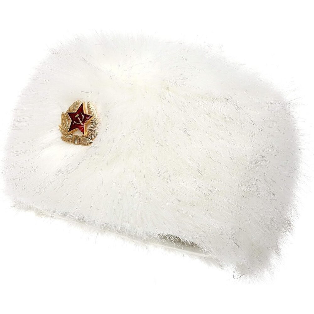 Women White With Kgb Warm Winter Hat Faux Fur Russian Cossack Style